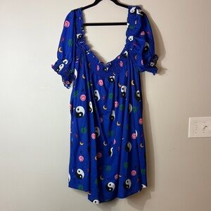 Dressed in LALA Blue Dress with Yin Yang and Smiley Print